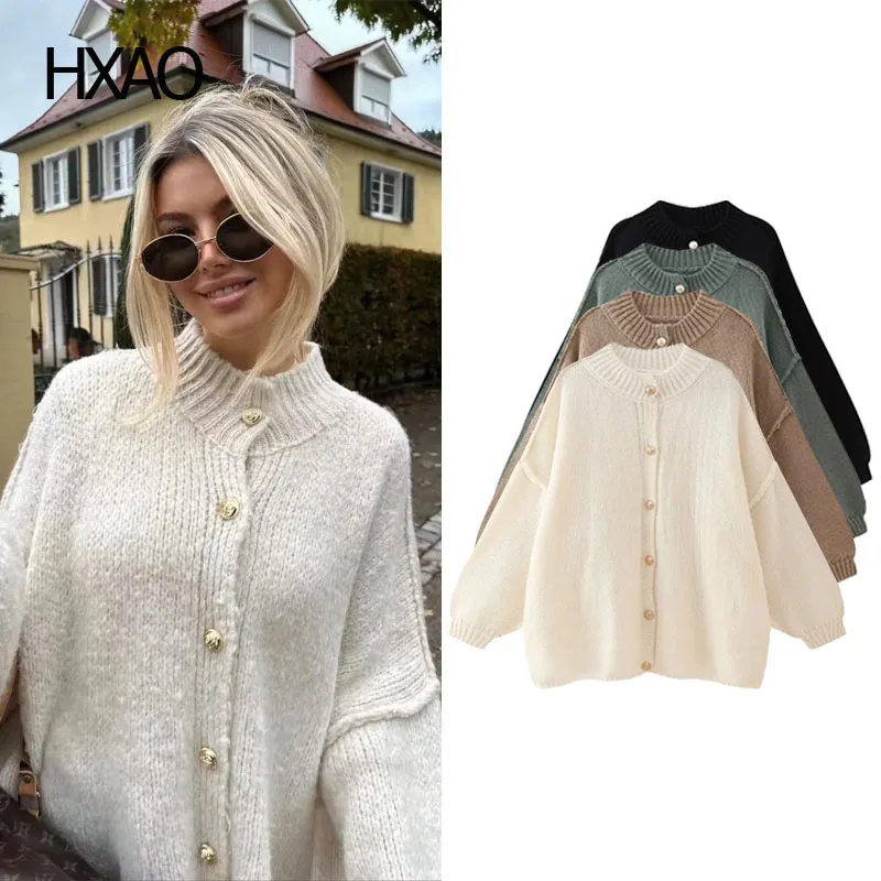

HXAO Cashmere Cardigan Women Loose Knitted Sweater Long Sleeve Cardigans Woman New In Knitwears O-Neck Crop Knit Top Sweater