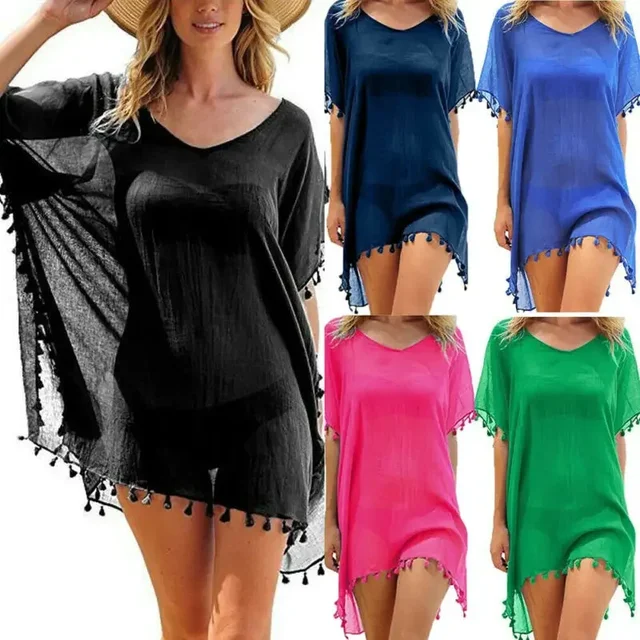 Women Swimsuit Baggy Tunic Tops Bikini Cover-Ups Dress Swim Summer Beach Bathing T-Shirt Women Cotton Blouse Beachwear 1