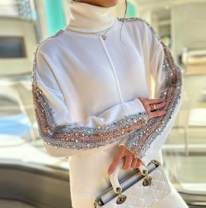 Women's Pants Set 2024 New Autumn Winter High Neck Fashion Sequin Long Sleeved Pullover Top and Sequin Edge Straight Pants Set janevini 3m cathedral wedding long veil with sequin edge comb white 2 tier bridal veils bride to be ivory wedding accessories