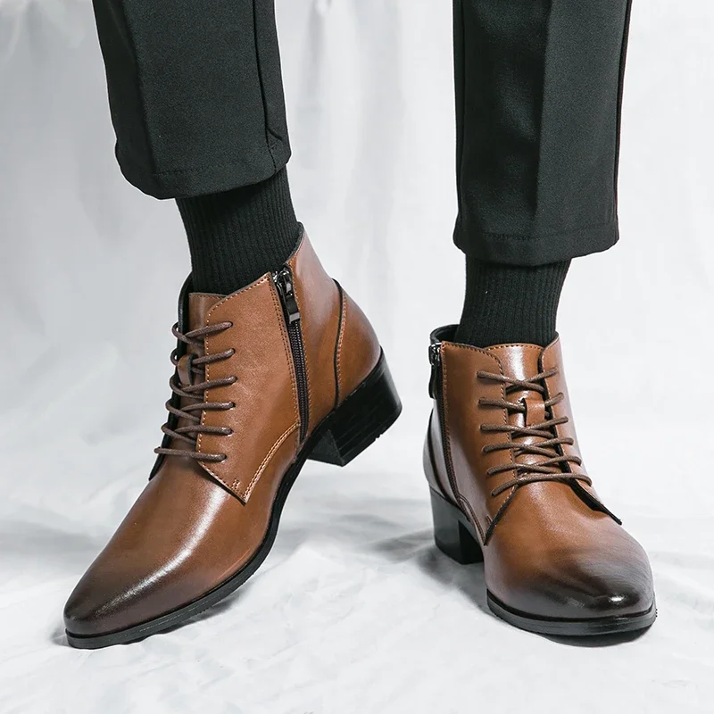 Chelsea Boots Men's Pointed Brown Black Double layered Cowhide Side Zipper Formal Business Casual Leather Shoes 38-44 Male Boots
