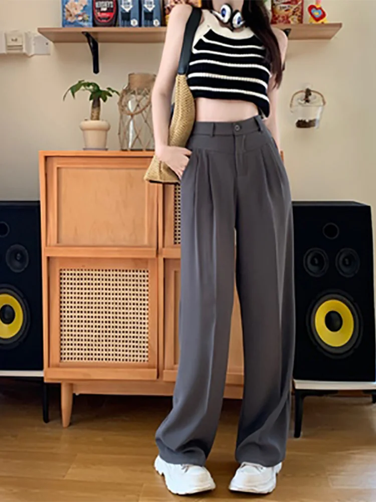 Pendant Grey Suit Pants For Women Summer Korean Version 2023 New High Waist Wide Leg Casual Pants Straight Leg Pants