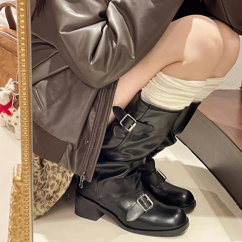 

Женские байкерские ботинки с пряжкой и ремешком, повседневные Элегантные Высокие сапоги до колена на платформе, осень 20204