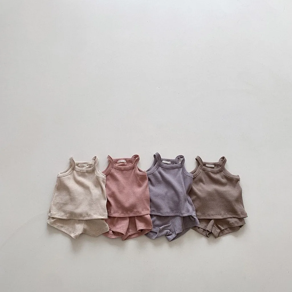 2025 Summer New Baby Sleeveless Clothes Set Solid Infant Sling Vest + Shorts 2pcs Suit Boy Girl Thin Cotton Toddler Outfits 2