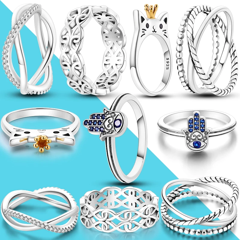 SilverColorWomenFashionStackableRingsHamasaHandCatGeometric