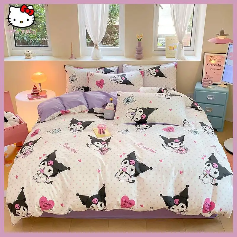 

Kawaii Sanrioed Kuromi Melody Cinnamon Roll Pure Explosive Style Cotton Four-Piece Bed Set for Children To Sleep Peacefully