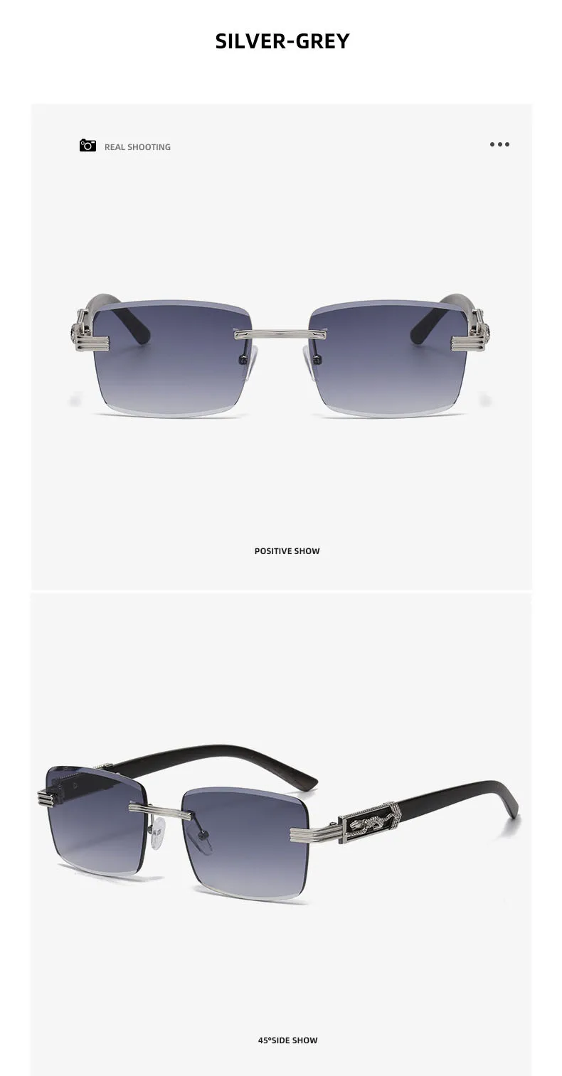 Holzmaserung Beine Gepard dekorative Sonnenbrille bunte Retro rahmenlose quadratische Leopardenkopf Metall Sonnenbrille – Detail 5