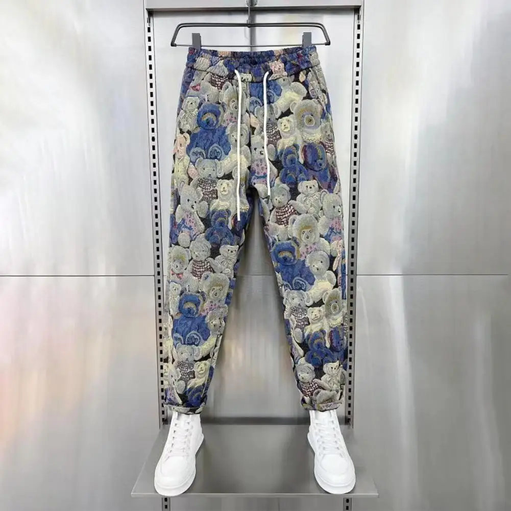 

Mid-waist Pants Harem Pants with Leg-binding Design Men's Bear Print Harem Pants Casual Streetwear with Elastic Waist for Autumn