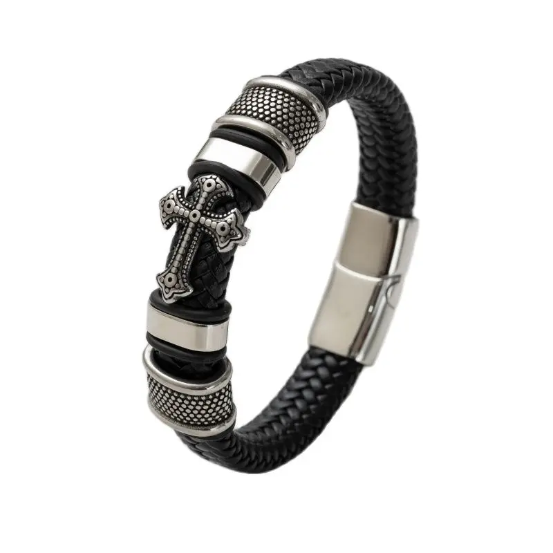 Mens Leather Bracelet with Cross Charm Jewelry Gift Man Business Bracelet with Metal Magnetic Clasp