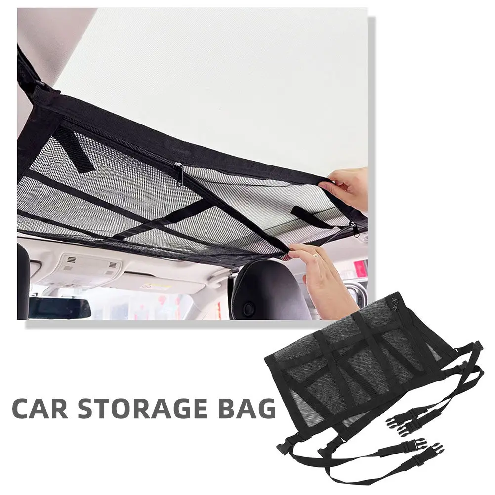 2Pcs 더블 레이어 자동차 지붕 보관 네트 천장 걸이형 정리함 SUV 세단 캠핑 여행용 더블 지퍼
