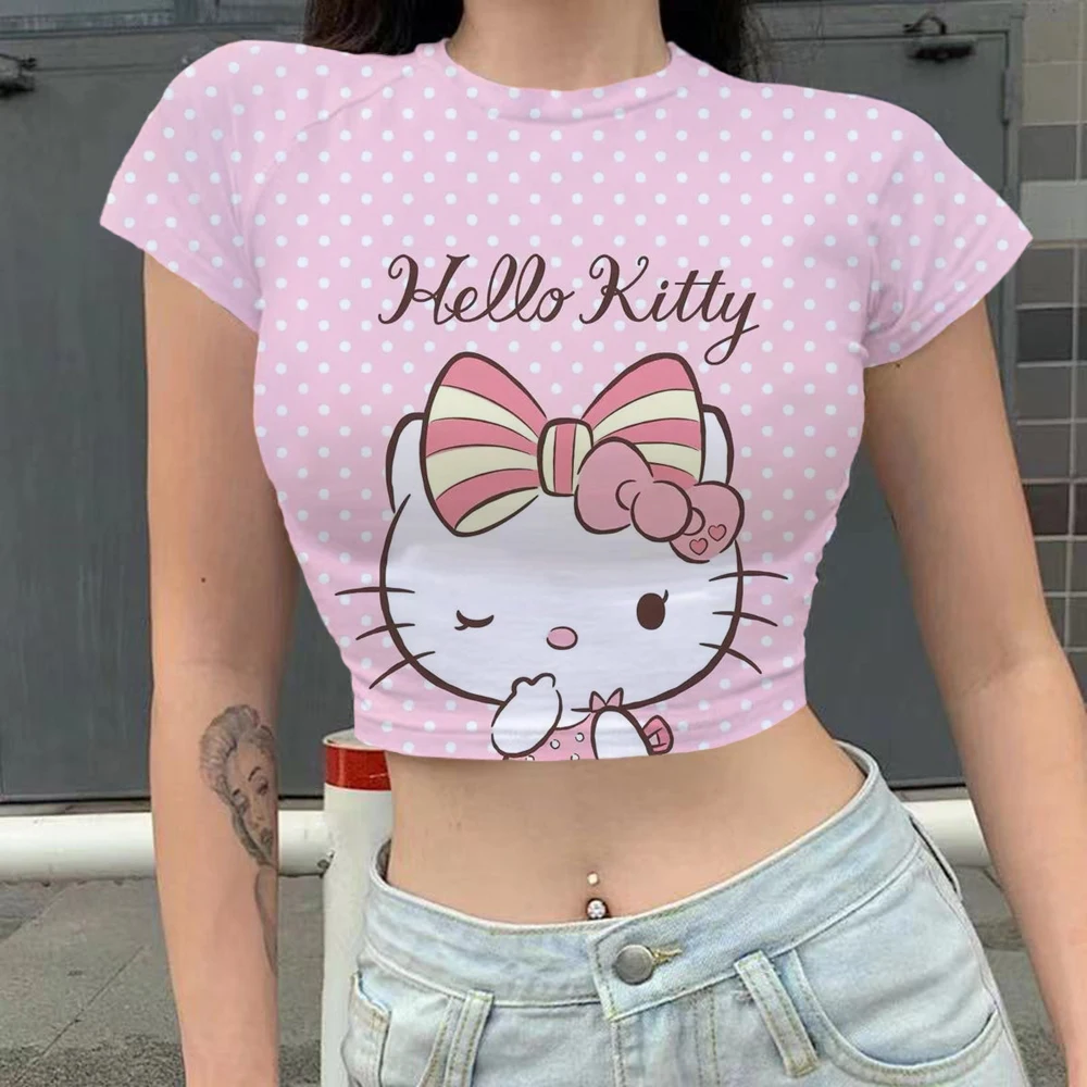 

Винтажная футболка для девочек Y2k, милые укороченные топы с принтом Hello Kitty, футболки, уличная одежда в стиле Харадзюку, летняя женская облегающая короткая футболка с мультяшным рисунком, топы