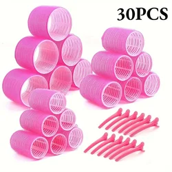 Heatless Hair Styling Kit with Self - Grip Rollers and Clips - 30 Piece Set for Effortless DIY Styling (Rose Red - 30Pcs)