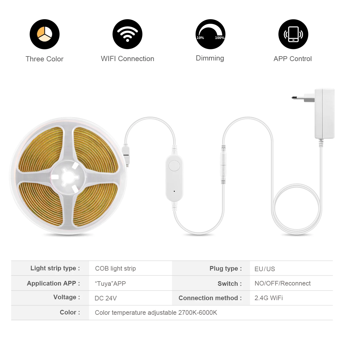 WiFi 듀얼 화이트 COB CCT LED 스트립 라이트 24V 3 색 변경 램프 테이프 디 밍이 가능한 리본 Tuya Smart Life Alexa Google 홈으로 작동
