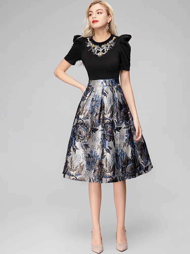 

MoaaYina Fashion Designer dress Summer Woman's Midi Dress Puff Short Sleeve Beading Patchwork Elegance Party Dresses