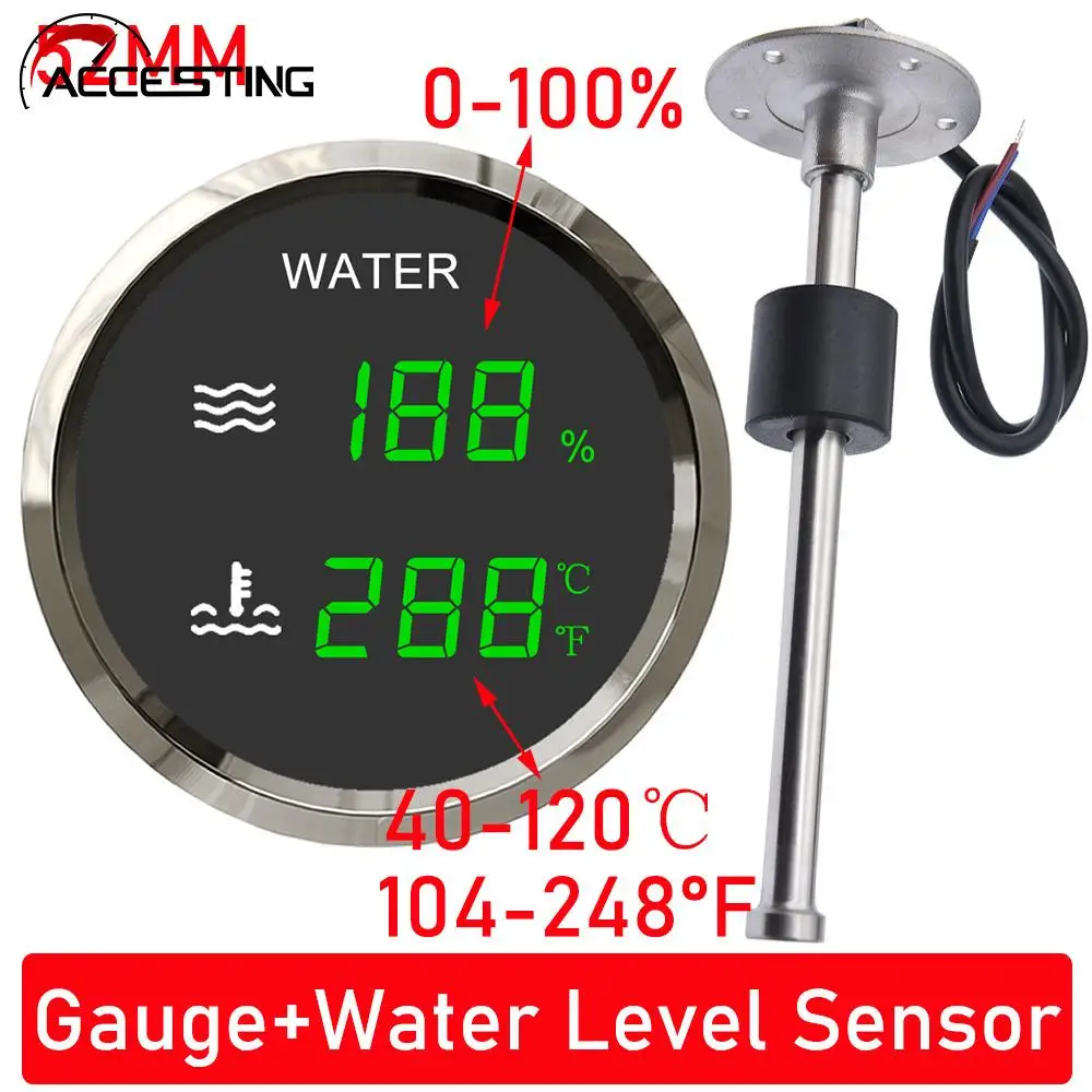 Indicador De Nivel De Agua 12V/24V Para Barco O Tanque - Acero Inoxidable 316L, Diámetro 52 Mm, Retroiluminación LED