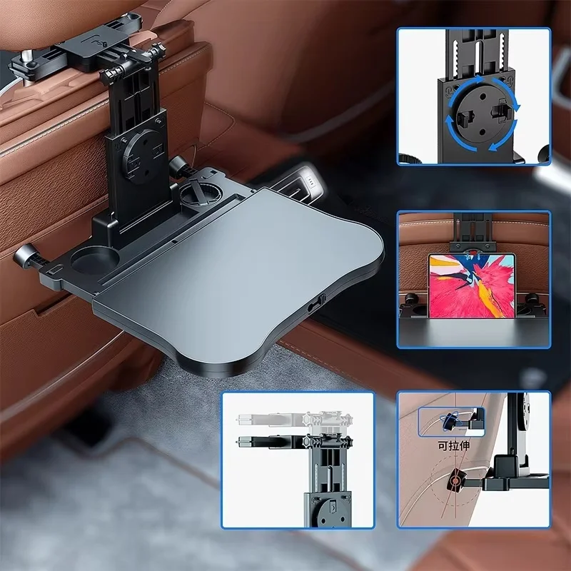 Tavolino da Viaggio per Auto, Tavolino Multifunzionale Regolabile per Sedile Posteriore, Portabicchieri e Supporto per Computer - Image 6