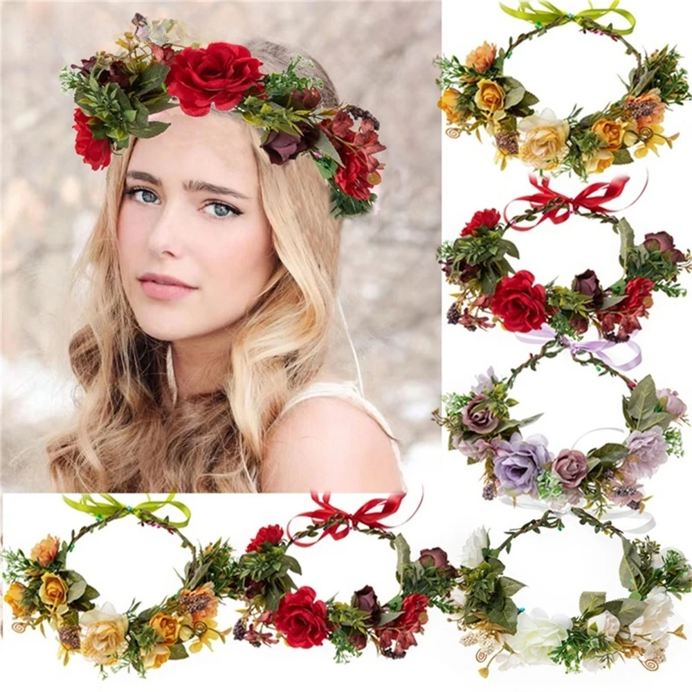 

Bohemia Women's Floral Headband Bridal Artificial Rose Flower Crown Hairband Girls Wedding Party Beach Hair Hoop Ornaments Gifts