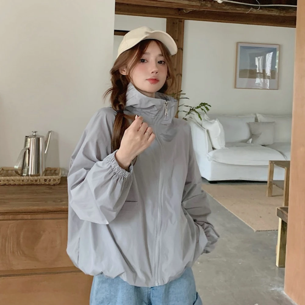 Casual Loose Sunscreen Coat Women Quick-Drying Solid Color Sun-Protective Tops Out Wear Windproof Hooded Jacket Spring Autumn