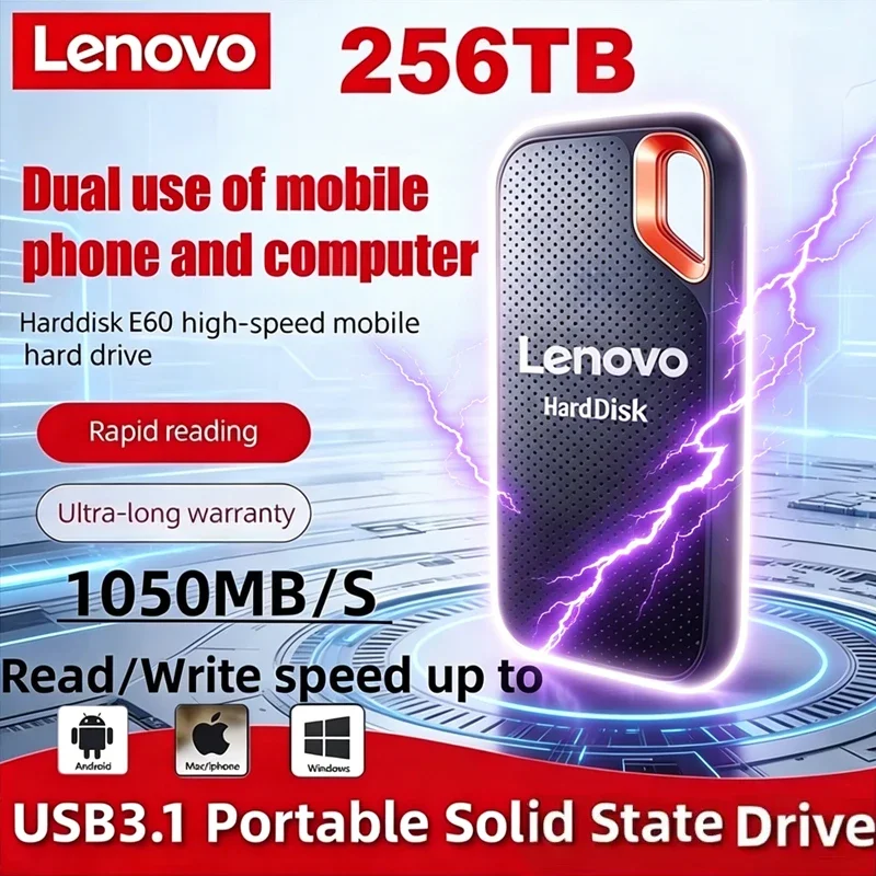 레노버 E60 모바일 하드 디스크 256TB 2TB 8TB 128TB USB 3.1 외장 하드 드라이브 (노트북, PS5용) - 고속 SSD 저장 장치