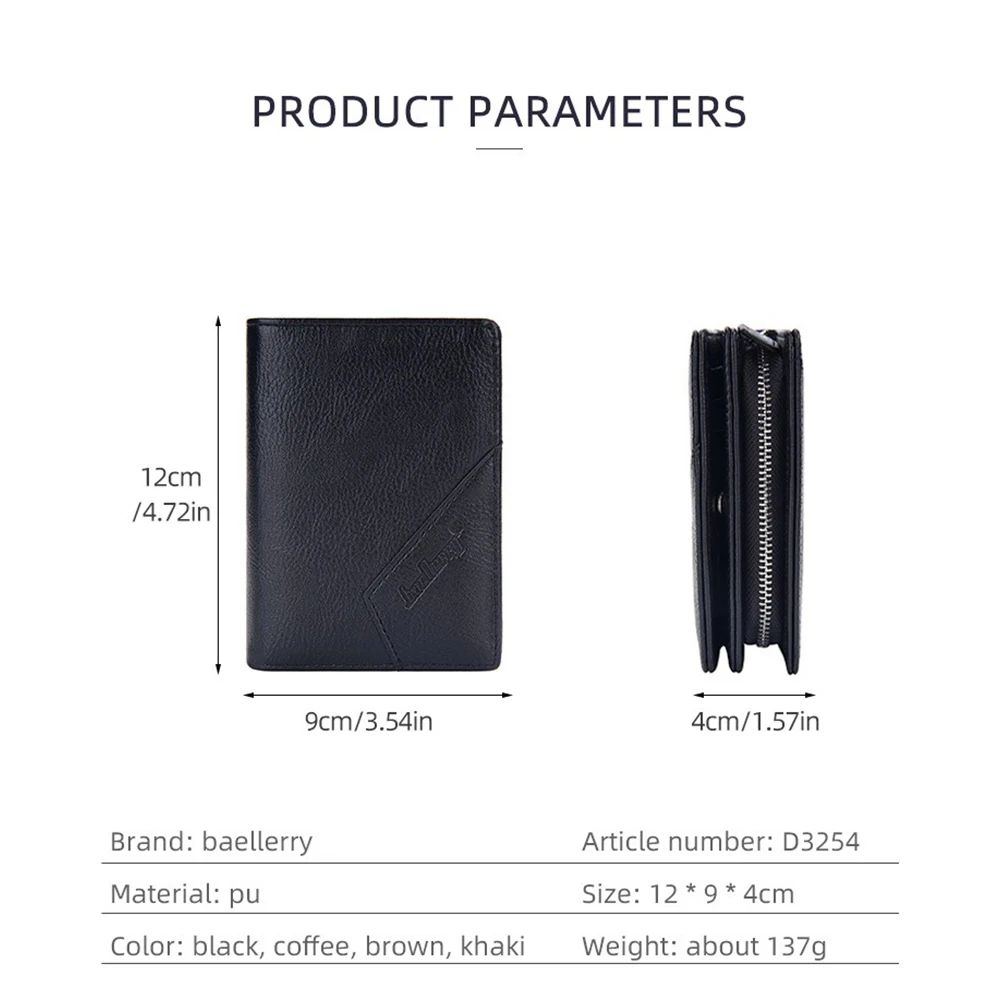 Baellerry Men's PU Wallet, Small & Large Capacity, 10 Slots + Transparent Clamp, Durable Lining, Easy Access Design