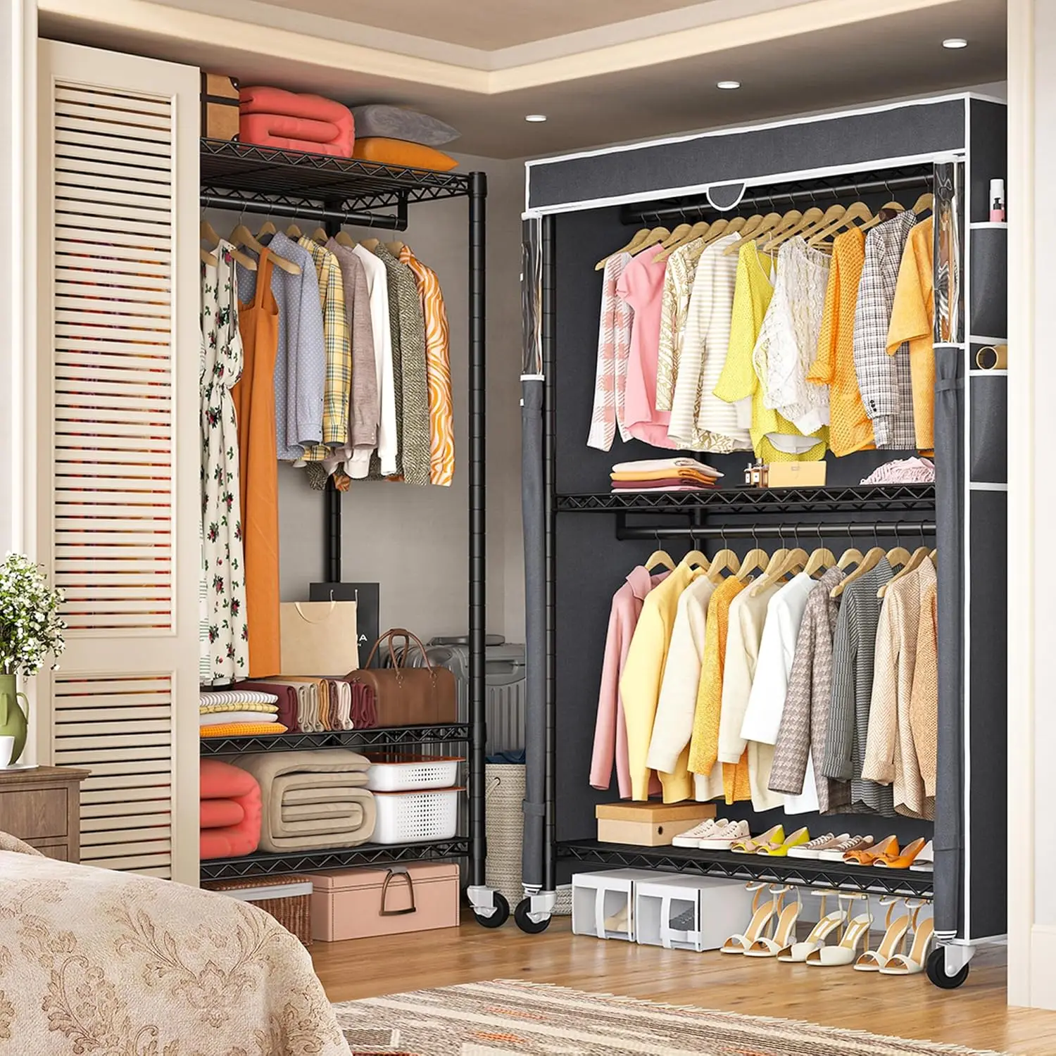 Heavy Duty Clothes Rack with Cover, 81" H Clothing Racks for Hanging Clothes with Wheels & Adjustable Feets (Black) 2