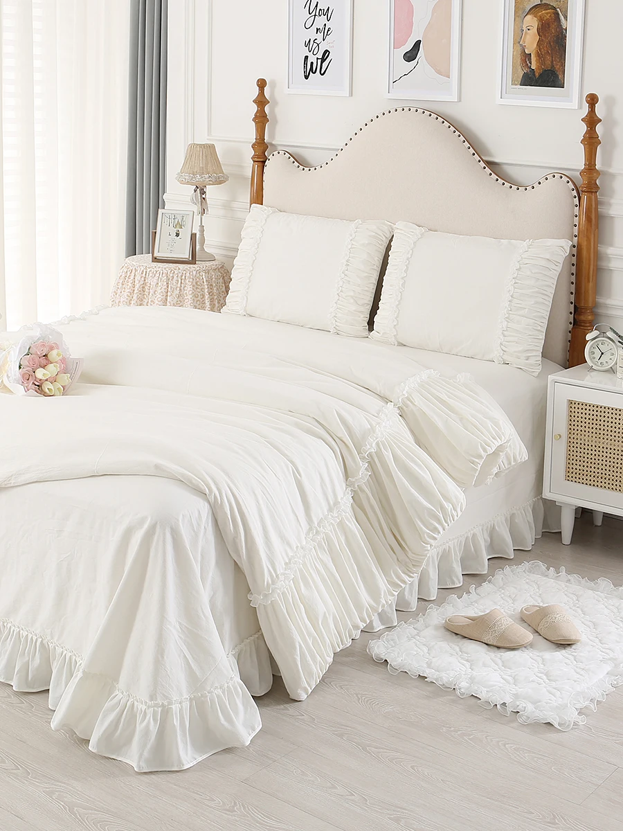100% Premium Cotton Bedding Four Piece Set, Fairy Wind Lolita White Bed Skirt Bed Sheet Quilt Cover, Ruffle Edge Duvet Cover Set 6