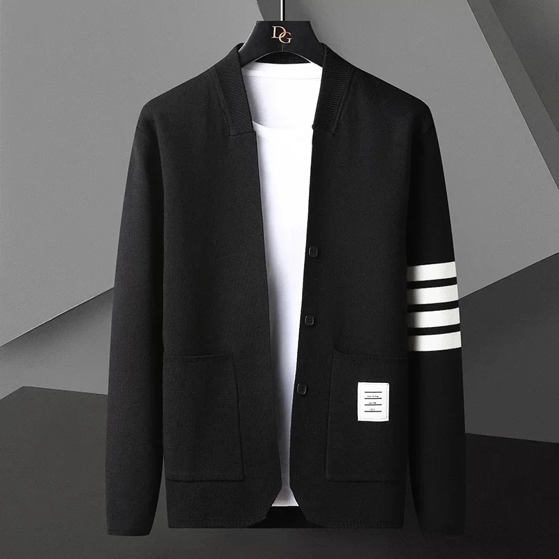 2024 New Men's Knitted Cardigan Pocket Striped Sweater Autumn And Winter High End Luxury Quality Simple Casual Men's Wear