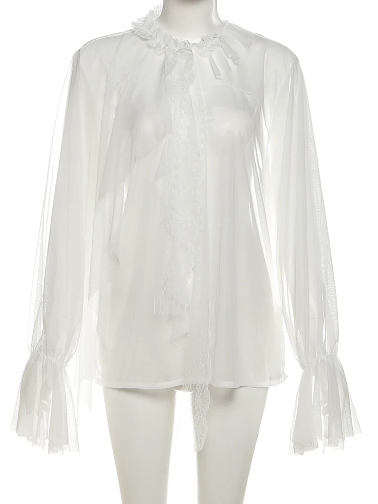 Nibber Solid Sexy Mesh Coquette Top Women Lace Ribbon Backless Button Ruffles Pure Desire Wild Street Midnight Clubwear Tees