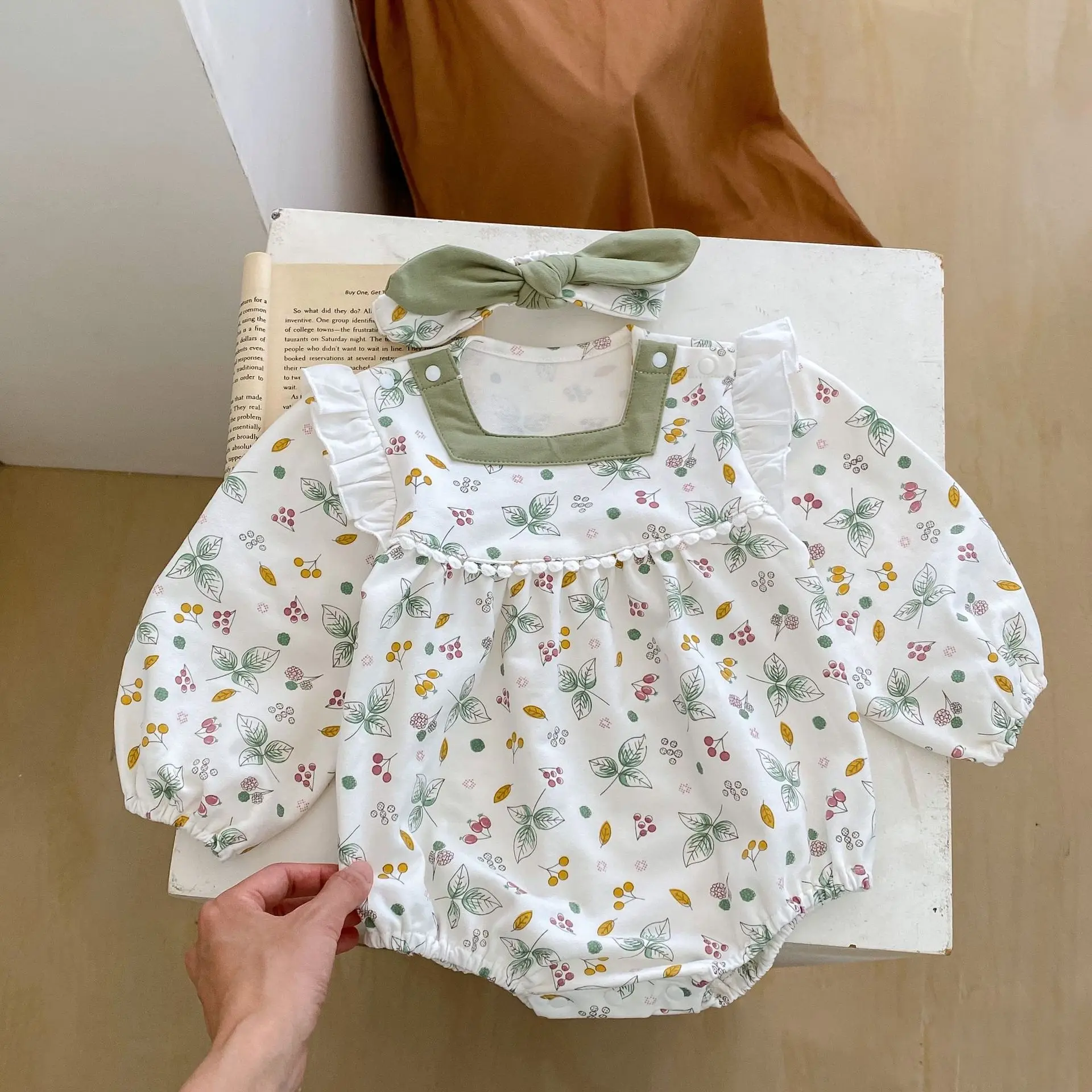

Baby Girls Long Sleeve Bodysuit With Headband Sets Newborn Clothes 2023 Autumn New Leaves Flower Print Girls' One Piece Clothes