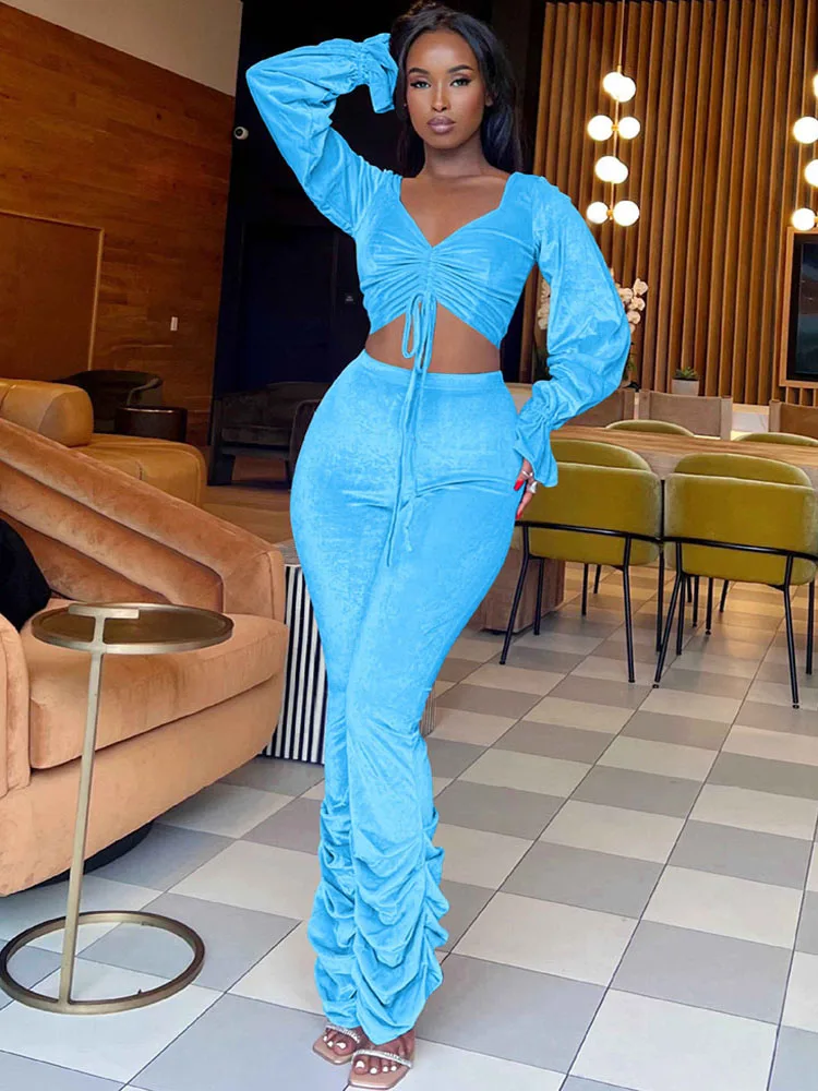 

Женский бархатный комплект из двух предметов, короткий топ на завязках с расклешенными рукавами и рюшами и штаны в складку, соблазнительные Клубные комплекты одежды с высокой талией