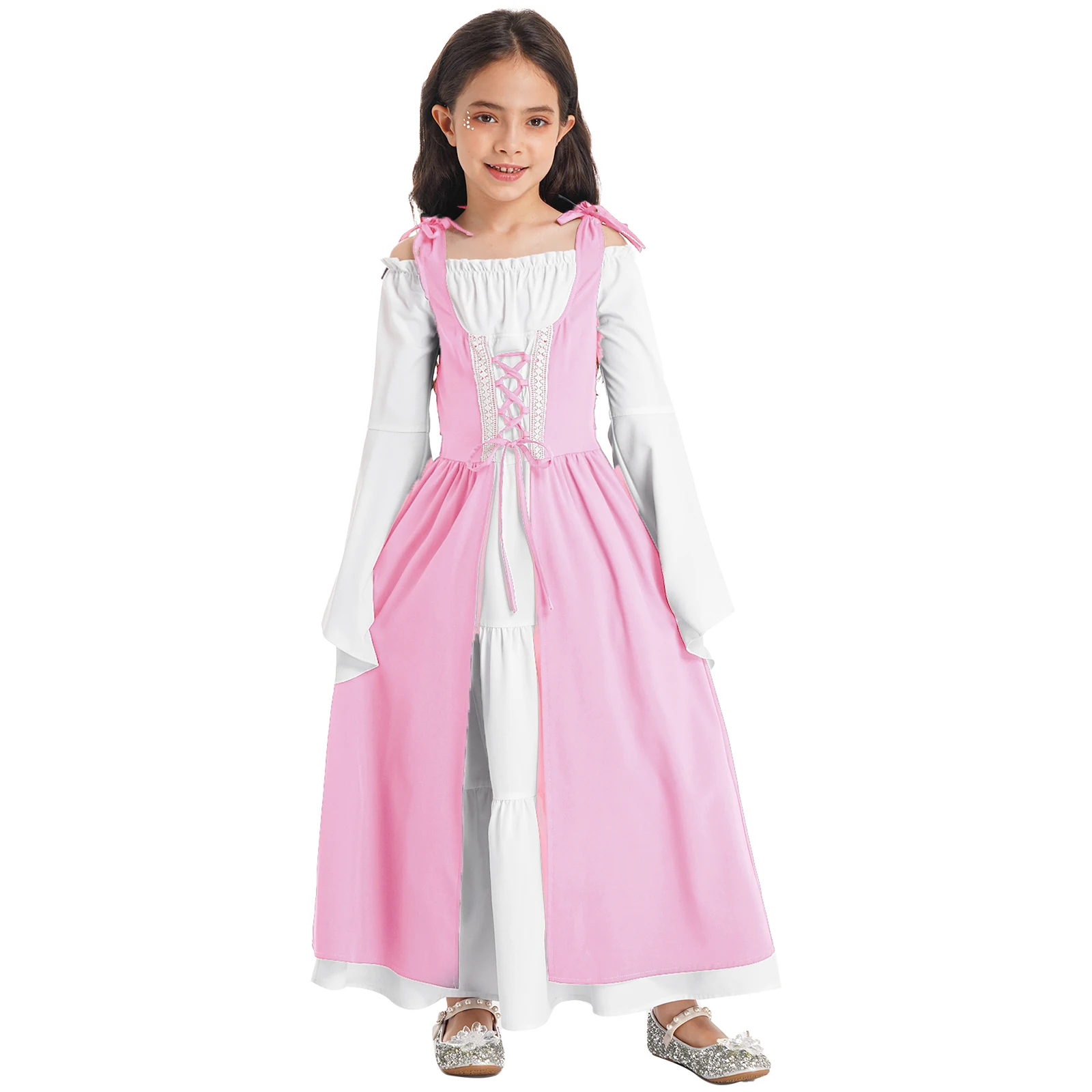 

Kids Girls Halloween Medieval Renaissance Cosplay Costume Flare Sleeve Queen Gown Dress for Carnival Rave Party Vampire Dress Up