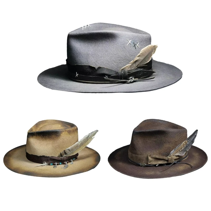 

Carnivals Distressed Hat Autumn Adult Hat with Feather Decor Festival Hat for Adult Skin Friendly Flat Top Hat