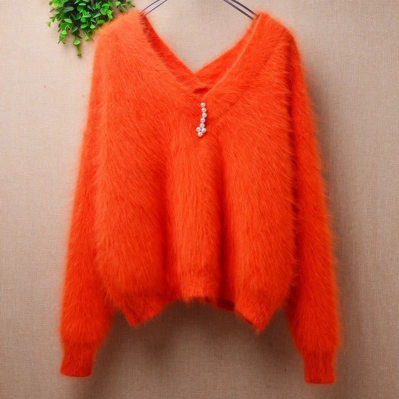 

Female Women Fall Winter Clothing Orange Mink Cashmere Knitted V-Neck Long Sleeves Short Style Loose Pullover Jumper Sweater Top