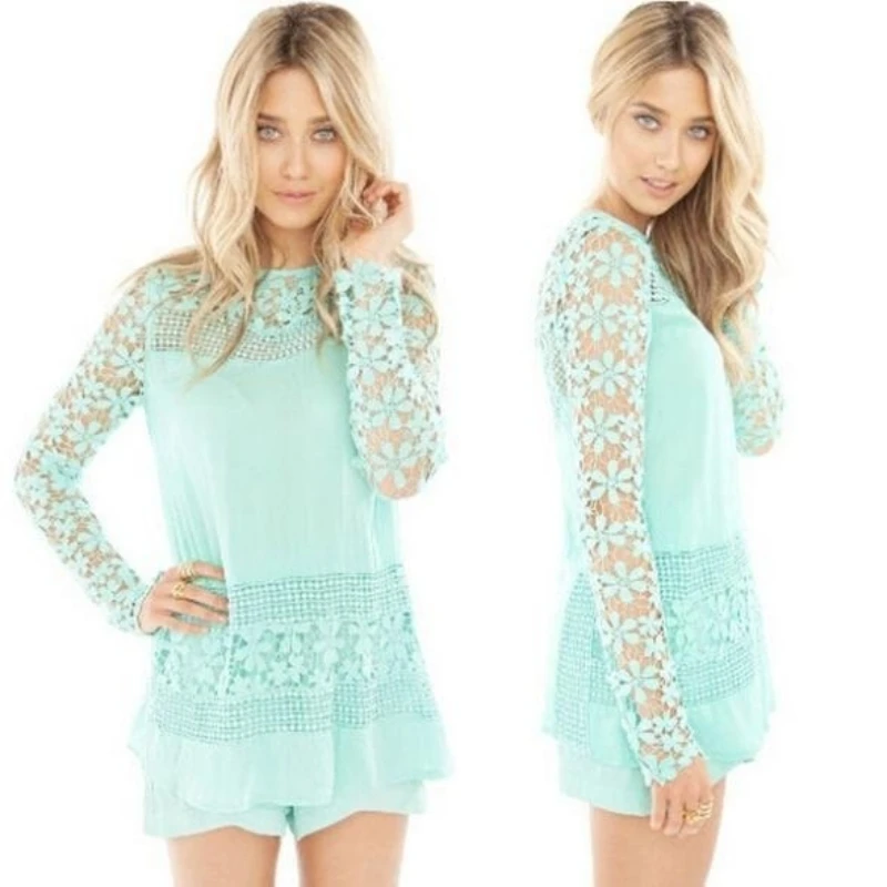 Women feminino Summer Women Sexy Lace Crochet Blouse Long sleeve tops 2