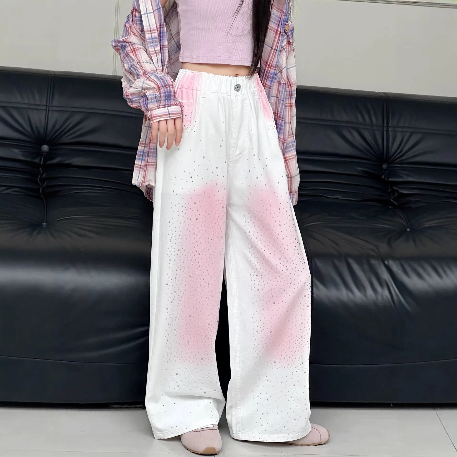 키즈 화이트 라인스톤 장식 스트레이트 레그 스파클리 청바지 결혼식 생일 파티 의상에 적합 소녀 블링 블링 팬츠