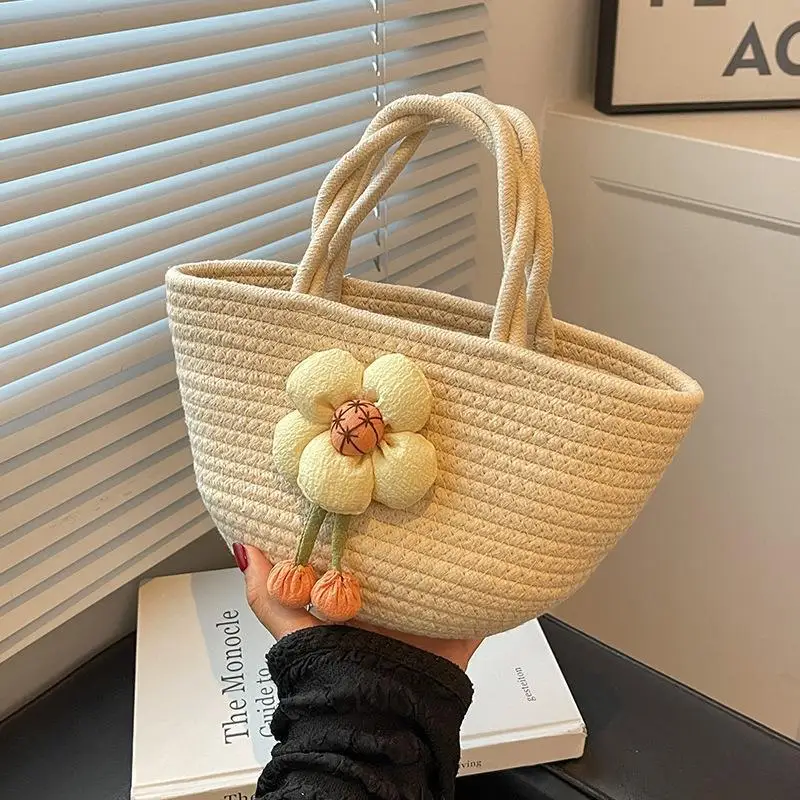 

New Sweet and Fresh Women Summer Handbag Niche Design Casual Woven Bag with Cotton Rope