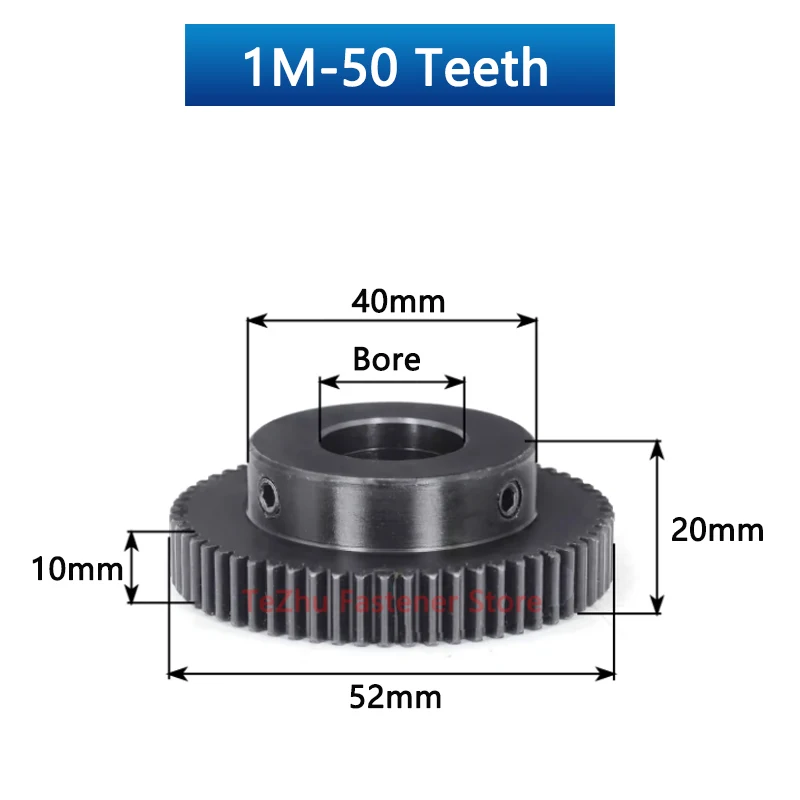 Description Picture 3 of item1pc Spur Gear 1 Module 50 Teeth 45# Steel Motor Gears with Step 1M 50T Straight Gear Bore 6/8/10/12/14/15/16/17/18/19/20-30mm