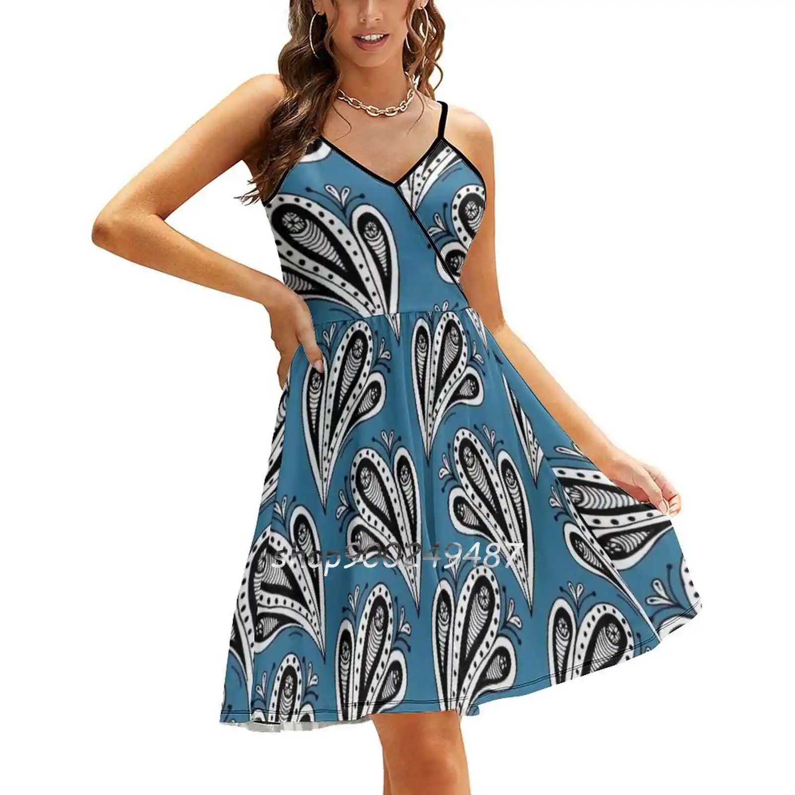 

Paisley No. 1 Sling Dress Summer Dress Sling Sexy A Line Dress Fashion Female Dress Paisley Pattern Repeat Floral Black White