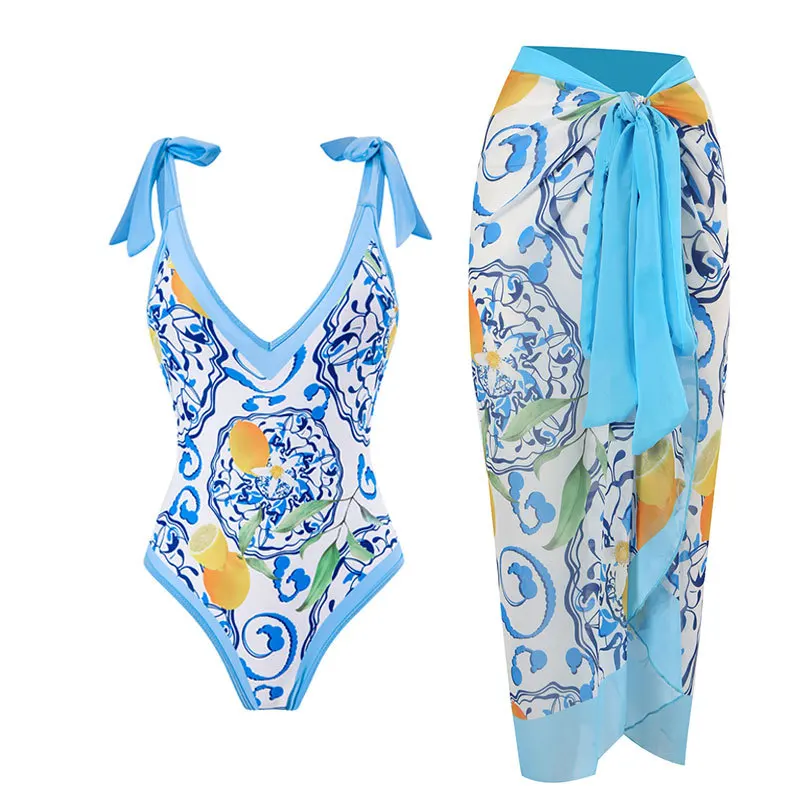 

Bowknot One Piece Swimsuit Women Swimwear Skirt Cover Up Brazilian Bikini 2023 New Floral Print Beach Bathing Suit