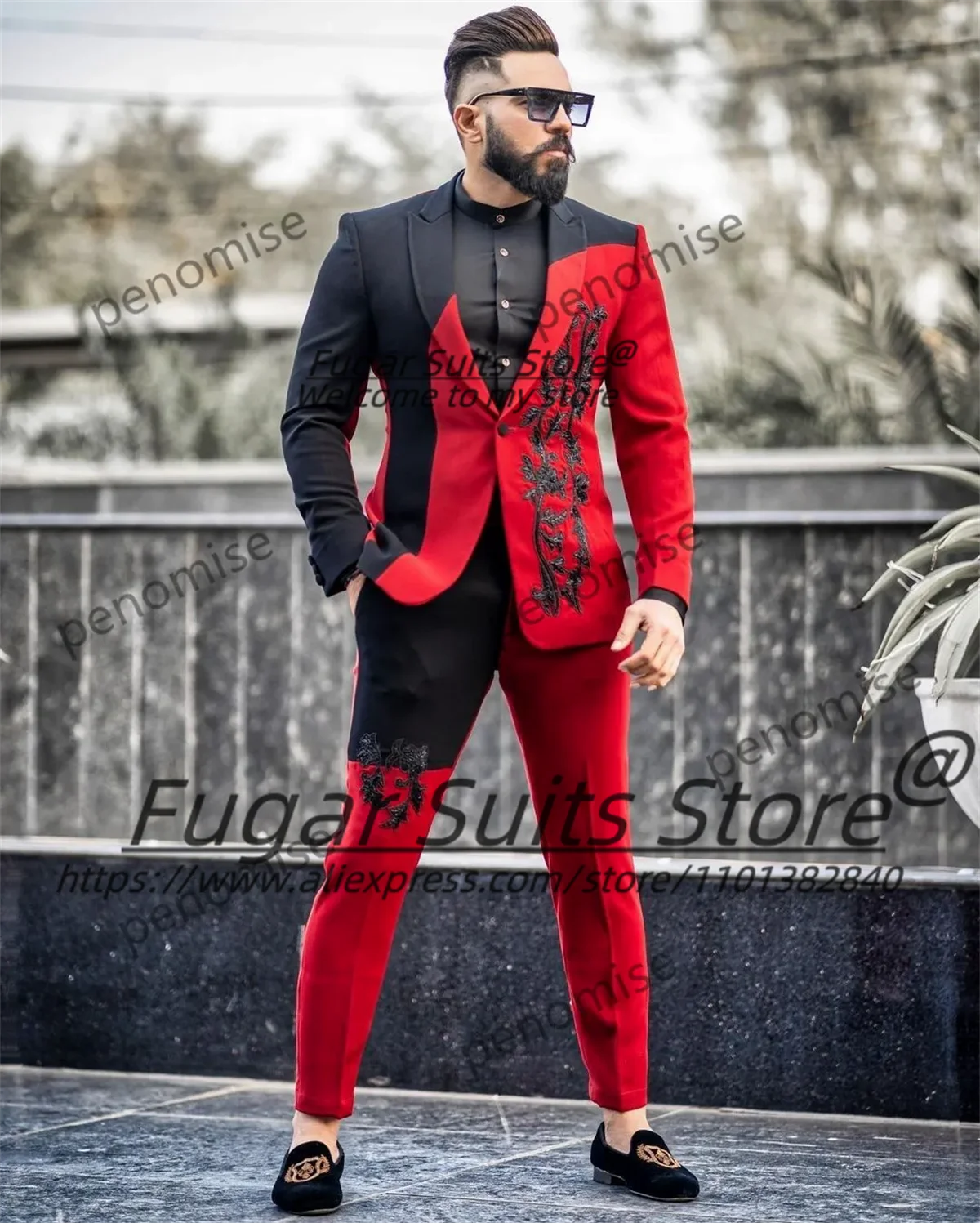 Ropa Blazer Hombre Aliexpress Fashion Customized Red Black Men Suits  Splicing Color Appliques