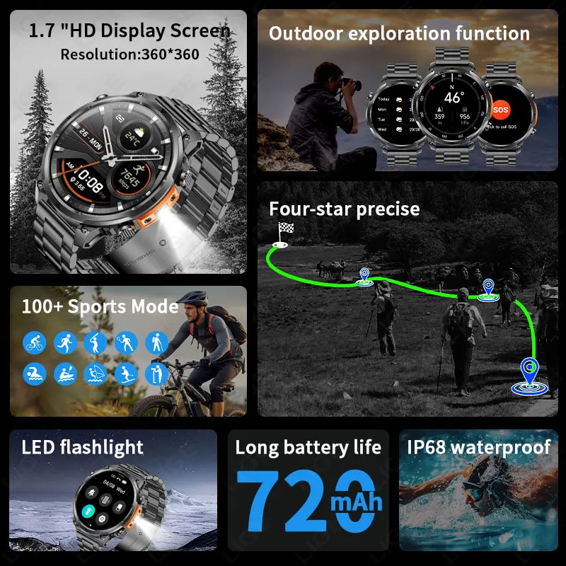 LIGE New GPS Smartwatch Man 720mAh Battery IP68 Waterproof Bluetooth Call 1.7" HD Sports Flashlight Compass Men Smart Watch 2026