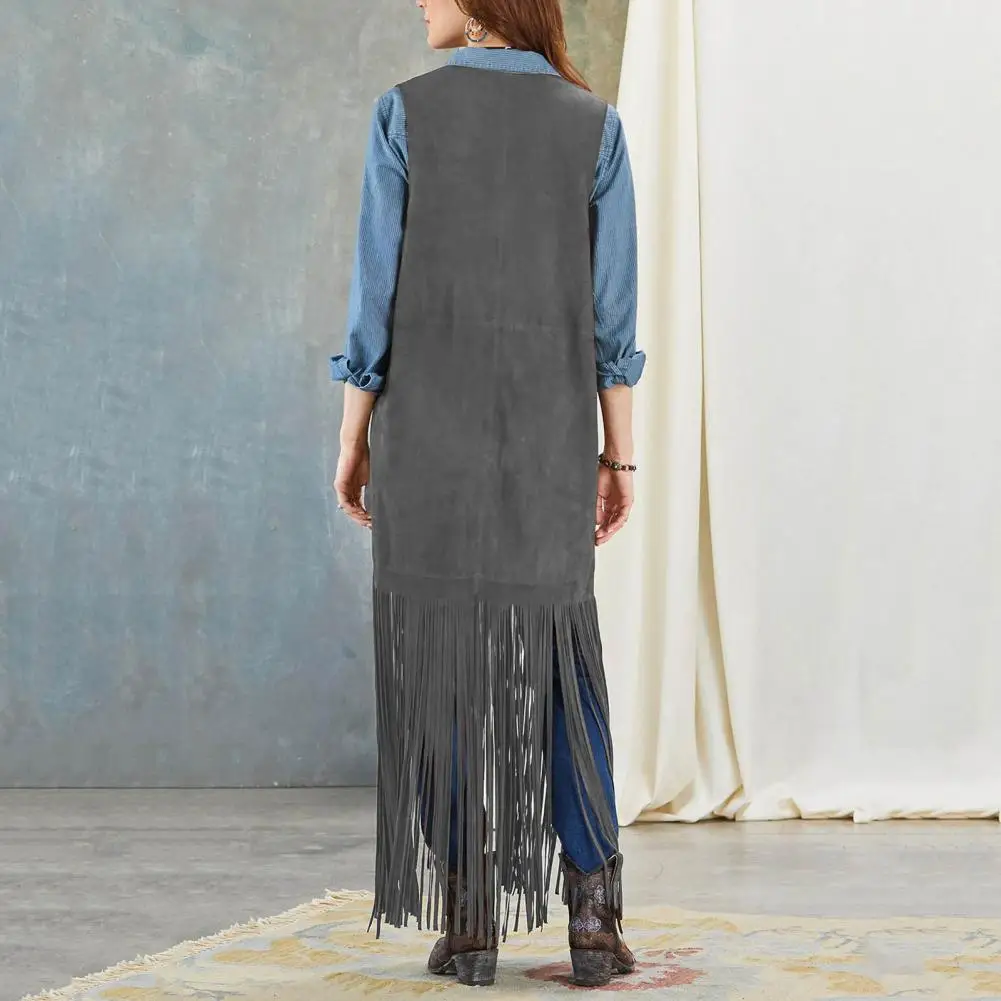 

Women Long Fringed Waistcoat Stylish Women's Fringe Vest Sleeveless 70s Hippie Cardigan with Patch Pockets for Cowboy Cosplay