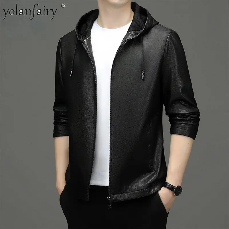 

s Clothing Men Hooded Ecological Cowhide Coat High-quality Microfiber Leather Jackets Ropa