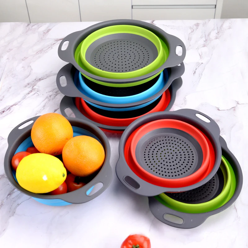 Silicone Strainer Drain Basket Fruit Vegetable Basket Drain Basket Silicone Vegetable Fruits Washing Drain Basket Folding Colander Strainer Collapsible Drainer Kitchen Tool