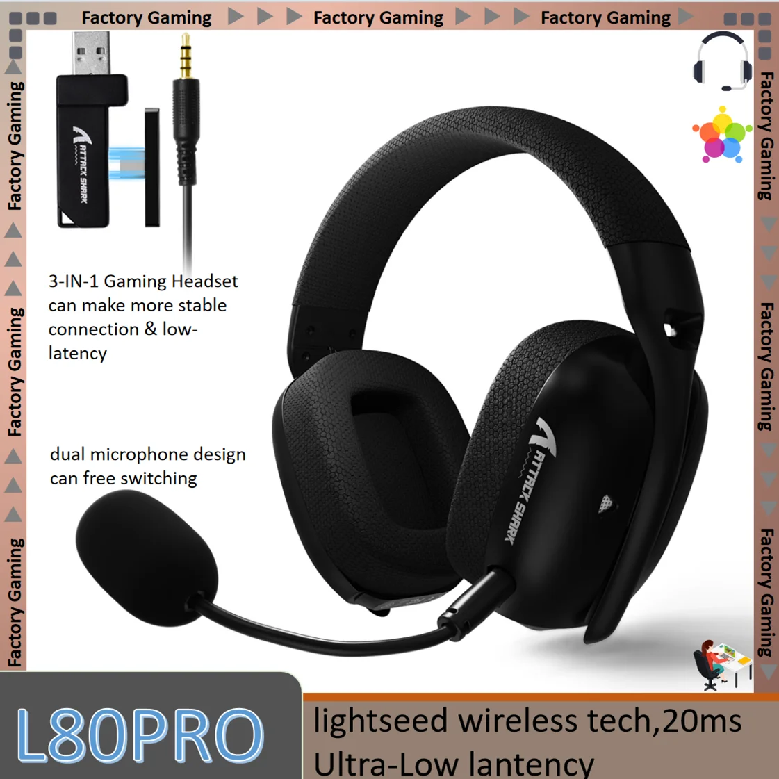 Auriculares para juegos ATTACK SHARK L80PRO 3 en 1 con conexión más estable y baja latencia, diseño de micrófono dual, 40 mm