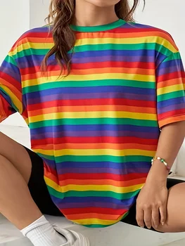 Rainbow Striped Women T Shirt Oversized Clothes Trend Casual Short Sleeve Crew Neck T Shirts Summer Lady Tees Daily Soft Wear 1