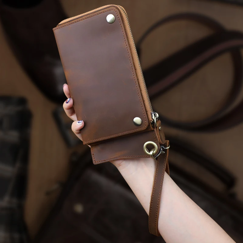 Retro Crazy Horse Leather Clutch Bag Genuine Leather Card Slot Long Wallet Multi-function Card Holder Zipper Coin Purse Handbag
