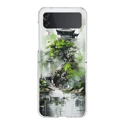 Hard Folding Clear Phone Case with Ink and Wash Landscape Design for Samsung Z Flip 4 (B7)
