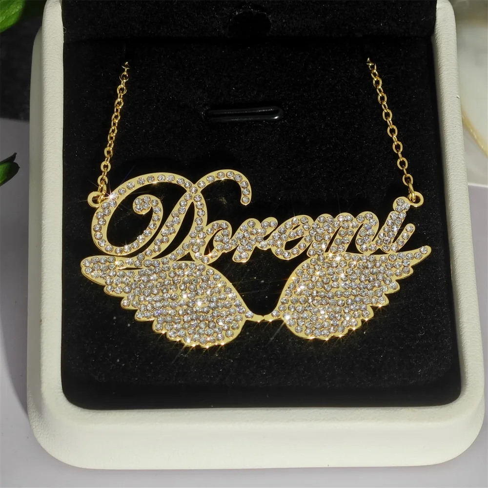2023 Personalized Stainless Steel Zircon Name Necklace Custom Angel Wing Letter Necklace For Women Jewelry Gifts