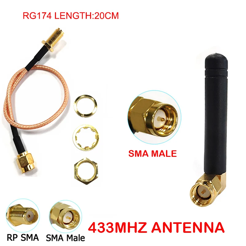 

GWS 10pcs 433mhz antenna 2.5dbi sma male female lora antene pbx iot rg174 20cm module lorawan signal receiver antena high gain