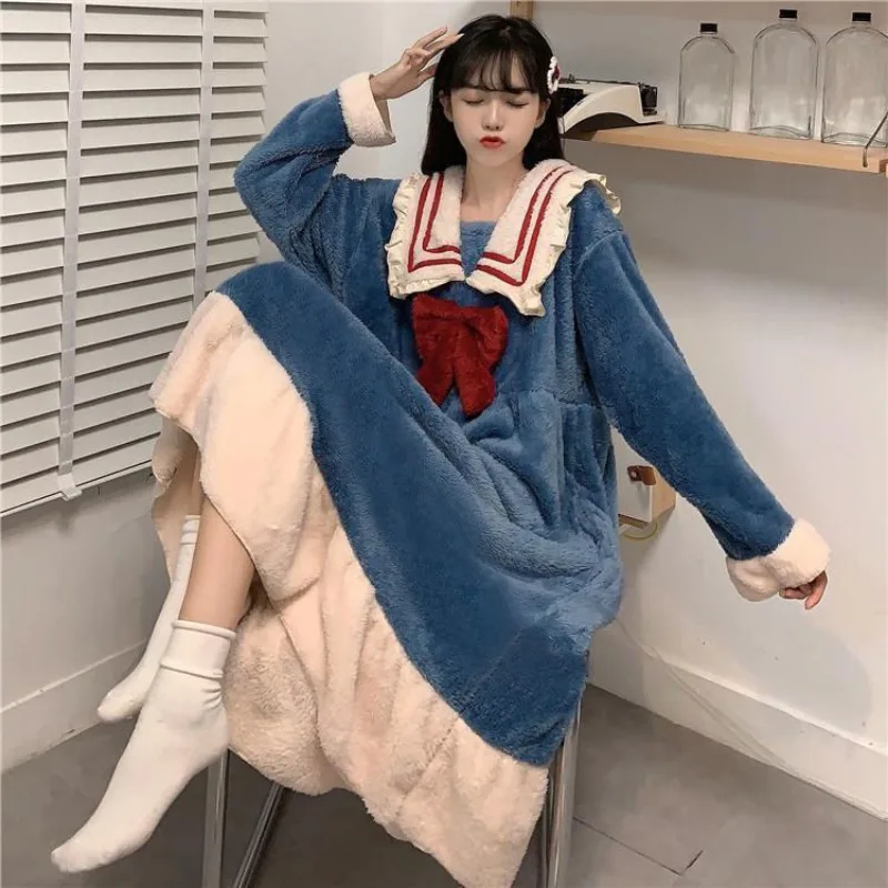 

Sailor Collar Nightgown Sleepwear Womens Fleece Night Dress Winter One Piece Pajamas Korean Style Bow Knee Length Home Wear